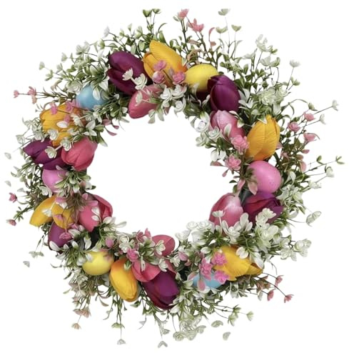 Corona De Pascua Artificial para Puerta De, Círculo Colgante, Corona De Flores De Primavera con De Huevos para Decoración De Pared Interior Y Exterior, Jardín, Patio, Porche, 45 CM