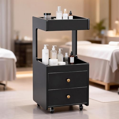 Bonnlo Friseurwagen Salon Trolley Rollwagen Servierwagen mit Rollen & 2 Schubladen & Flache Oberseite mit Schutzrand & 1 offenes Regal, für Barber Pub/Salon/SPA, aus MDF40x40x85 cm Schwarz