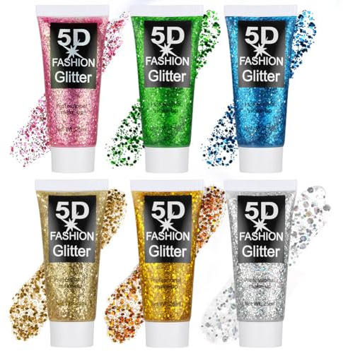 AYBUY 6PCS Gel Glitter för Ansikte, Glitter för Hår och Ansikte, Glitter Gel för Kropp, Flytande Glitter för Kosmetiskt Ansikte Läppar Naglar Festival Fest Smink Dekoration För Fest, Jul, Påsk, 25g-B