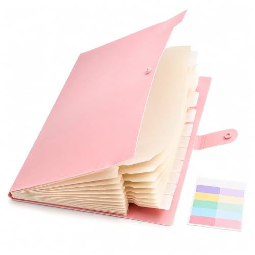 1 Pack A4 Expanding File Folder 8 Pocket Organiser for Office School Pink | 150-200 Sheet Capacity, Coloured Classification Tabs, Tear Resistant Material, Lightweight Portable, Internal Tab Positions