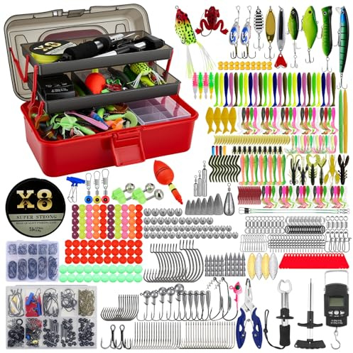Juego de 680 accesorios de pesca, kit mixto con anzuelo, pinzas de pesca, báscula de pesca para lucioperca, trucha, perca, 3 estantes, maletín de pesca, equipo de pesca adecuado completo para