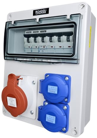 RoadEu Coffret de chantier triphasé IP44 CEE 32A et 2 prises 2P+T | CEE 32A 5 broches, disjoncteur C32A 4P VDE, 2x C16A 1P+N VDE, câblage 6 mm² / 2,5 mm²