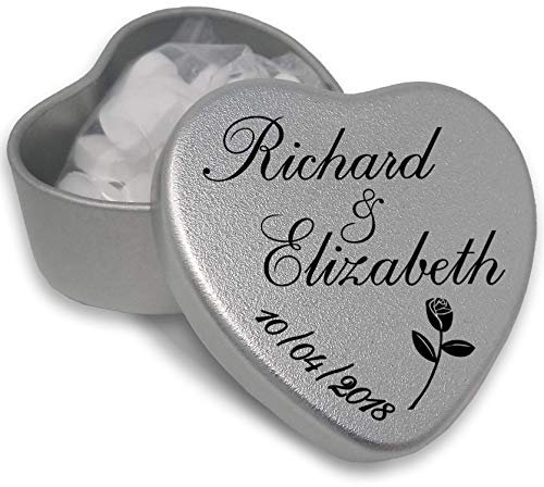 1 Luxury Personalised Heart Shaped Wedding Favour makes the Perfect Party Gift Memento Keepsake. Tins are filled with Mints, Chocolates, or Sweets.