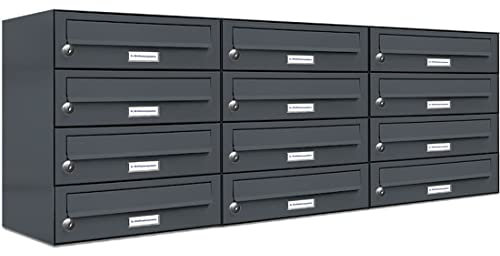 AL Briefkastensysteme 12er Briefkastenanlage Anthrazit Grau RAL 7016, Premium Briefkasten DIN A4, 12 Fach Postkasten modern Aufputz