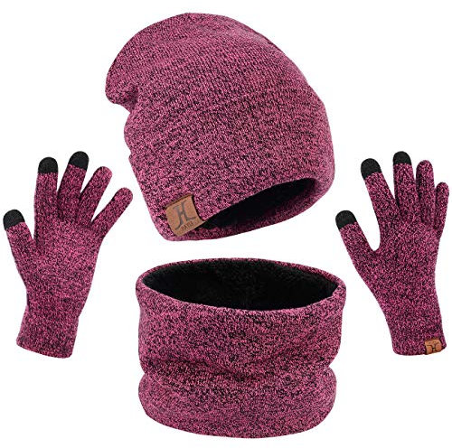Petrunup Thermische Handschuhe Mütze Schal Damen, Winter Beanie Hut Halswärmer und Touchscreen Handschuhe Strick, Rose Red