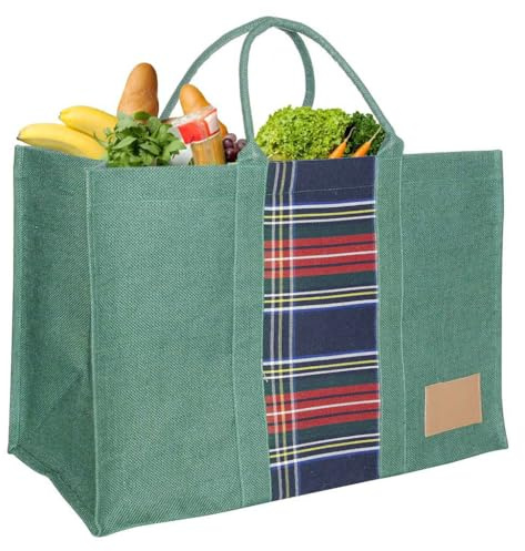 Dibor Large Jute Shopping Bag - Natural Hessian (Green Tartan)