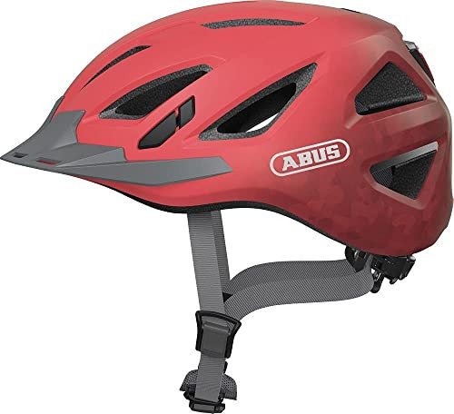 ABUS Stadthelm Urban-I 3.0 - Fahrradhelm mit Rücklicht, Schirm und Magnetverschluss - für Damen und Herren - Koralle, Größe L (56-61 cm)