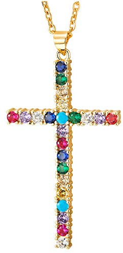 COOLSTEELANDBEYOND Acero Coloridos Circonio Cúbico Colgante de Cruz, Cruce Collar de Mujer, Ajustable Cadena Cuerda, Unico