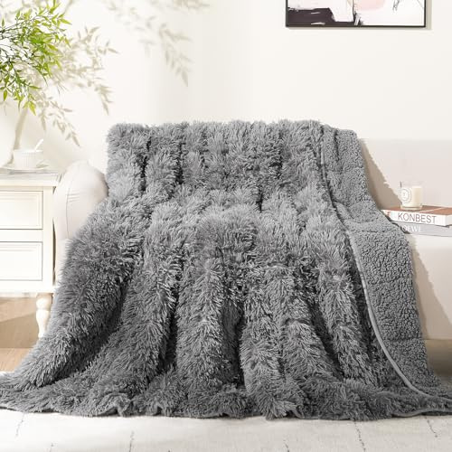 Cottonblue Shaggy Faux Fur Reversible Sherpa Weighted Blanket 20lbs, Luxury Snugly Long Fur Warm Heavy Blanket 60x80 inches, Super Soft Fuzzy Fleece Blanket for Winter, Grey
