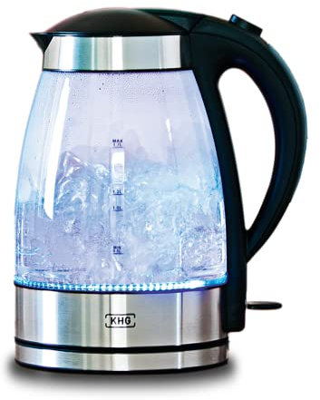 KHG Wasserkocher WK-176 GE Glas, 1,7 Liter, abwaschbarer Kalkfilter, Wasserstandsanzeige, Öffnen per Knopfdruck, Trockengehschutz & Abschaltautomatik, verdecktes Heizelement, BPA-frei, 2200 Watt