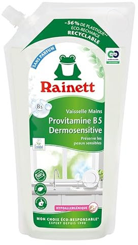 RAINETT - Liquide Vaisselle Mains Dermosensitive - Éco-Recharge 1 L - Formule Hypoallergénique - pH Neutre - Préserve les Peaux Sensibles - Poche 100% Recyclable - Ecolabel - Éco-Recharge 1 L