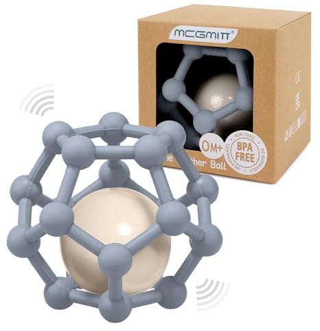 MCGMITT Baby Teething Toys for Babies 0–12 Months, Silicone Teething Ball with Rattle, Soft Sensory Baby Toy to Grab & Chew, BPA-Free Teether for Newborns & Infants, Baby Gift (Grey)