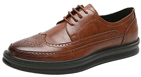 ANUFER Men's Platform Brogue Dress Shoes Microfiber Leather Lace-Up Sneakers Brown SN070407 UK9.5