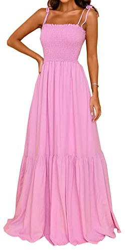 kinstell Robe Longue d'été 2026 décontractée bohème sans Manches avec Bretelles Spaghetti smockées et col carré à Volants pour Femme, Rose, Taille XL