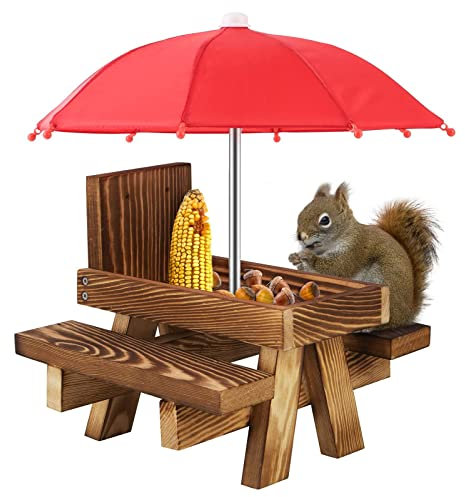 Eichhörnchen Futterhaus Für Balkon,Eichhörnchen Futterstation Mit Regenschirm,Holz Eichhörnchen Picknicktisch Futterstation,Hängender Eichhörnchen-Futterspender Für Draußen,Futterstelle Wetterfest (B)