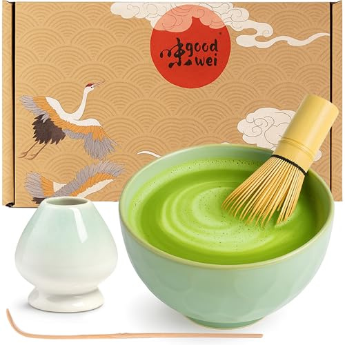 Goodwei Matcha Set komplett mit Matchabesen, Matcha Löffel und Matcha Schale aus Keramik mit Besenhalter im passenden Design | Kunstvoll gefertigte Teeschale Chawan (Hasunomi, 80)