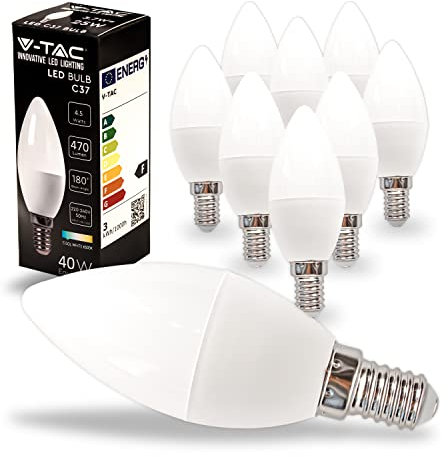 V-TAC 10x Lampadine LED Candela con Attacco E14 - 4,5W (Equivalenti a 40W) - Lampadine di Nuova Generazione - 470 Lumen - Massima Efficienza e Risparmio Energetico - 6500K Luce Bianca Fredda