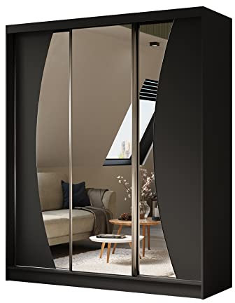ALTDECOR Kleiderschrank mit Spiegel und Schiebetüren, kugelgelagerte Führungsschienen und Aluminium-Leisten, LED-Beleuchtung (weiß + 16 Farben) und Fernbedienung - VOXI - 180 cm Schwarz