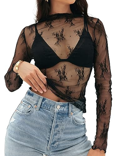 MEROKEETY Womens 2026 Mesh Sheer Lace Long Sleeve Top Sexy Y2k Mock Neck See Through Shirt Blouses Fashion Outfit Clothes, Black, Medium
