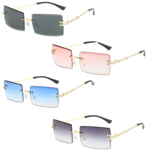 Rechteck Randlose Sonnenbrille Quadratische Durchsichtige Linse Sonnenbrille Square Rimless Sunglasses Retro Ultra-Small Frame Retro Durchsichtige Linse für Männer Weihnachtsgeschenke 4 Stück