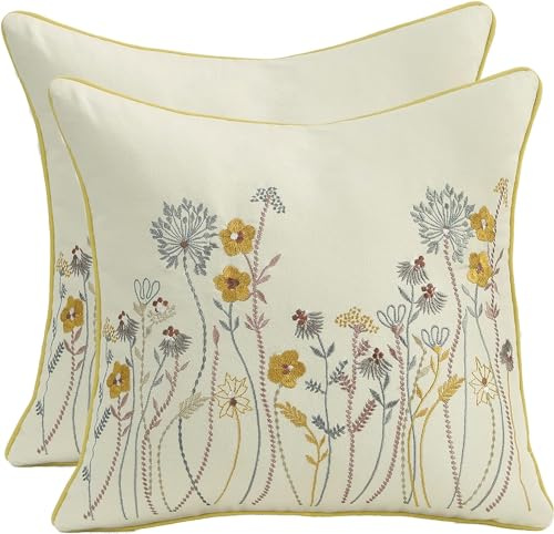 2 Stück Kissenbezug Stickerei Gelbe Blüten 40 x 40cm Frühling Dekokissen | Frühling Sommer Sofakissen Dekorative Wurfkissenbezüge für Gartenlounge Sofa Wohnzimmer Schlafzimmer