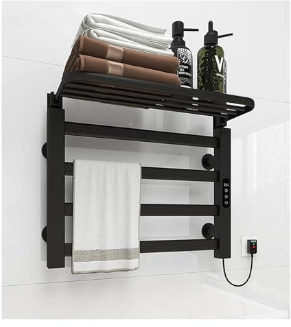 Scaldasalviette Elettrico 4 Barre, Termoarredo Riscaldato Elettrico Bagno con Ripiano Superiore, Portasciugamani Elettrici a Parete con Timer Regolazione Temperatura,Nero,Right Line