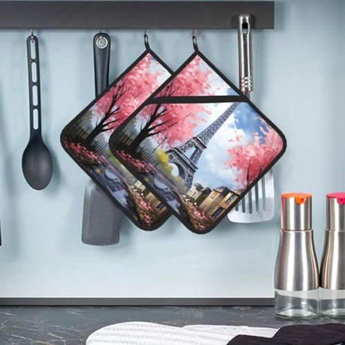 Topflappen-Sets zum Bemalen von Kirschblüten, Eiffelturm, hitzebeständig, für den Ofen mit Taschen, rutschfeste Topflappen für Küche, Backen, Kochen, 20,5 x 20,5 cm