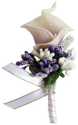 Wisafory 1 Piece Wedding Boutonniere Calla Lily Corsage with Safety Pin Artificial Flowers Brooch Handmade Corsage Buttonhole Flower Wedding Pin for Groom Bride White Purple
