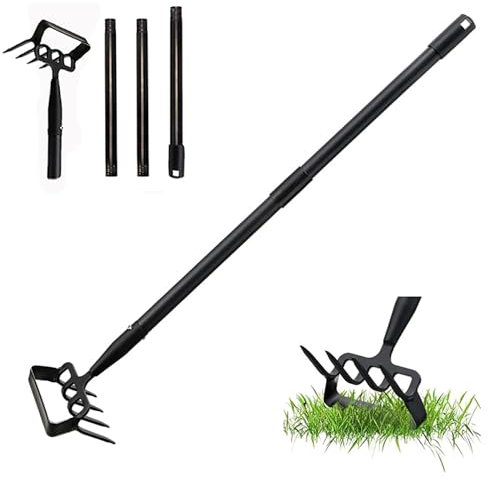Hoe Garden Tools with Rake Tiller,30-62 inch Adjustable Long Handle Stirrup Hoe Rake,Hand Hoe/Sickle,Heavy Duty Rake Tiller for Digging,Weeding and Loosening Soil