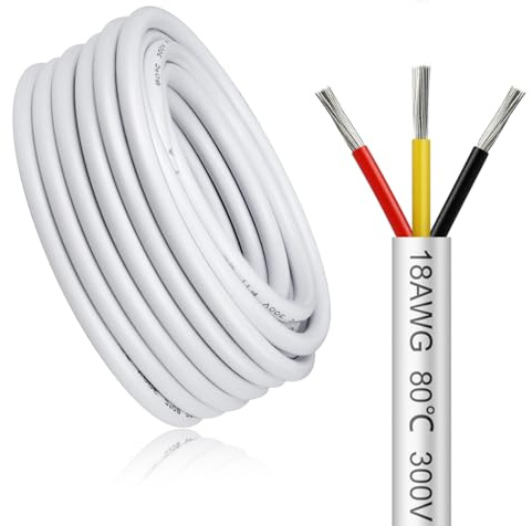10 Meter 18AWG 3x0,75mm² Elektrischer Kabel, 3 Adriges Kabel 5V/12V/24V/300V Weiß Verzinntes Kupferkabel, Flexibel und Weich Niedrige Impedanz Hohe Temperaturbeständigkeit Verlängerungskabel