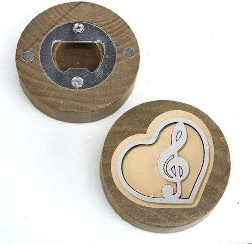 DLM 35201 (Kit 12 Pezzi) Apri Bottiglie Apribottiglie con Calamita Moderno Design Tondo in Legno Cuore e Chiave di Violino sol Musica Nozze Matrimonio bomboniera