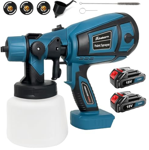 Cordless Paint Sprayer HVLP Spray Gun with 2 * 3000mAH Battery, 30000RPM Fence Paint Sprayer with 3 Nozzles & 1000ml Detachable Tank for Home Interior and Exterior Painting