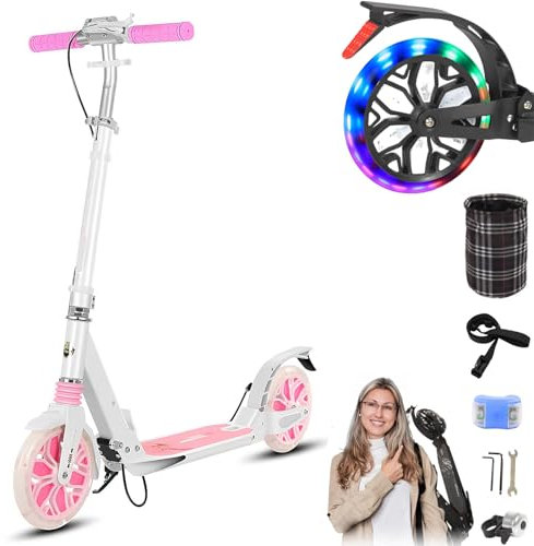 GHBXJX City Roller Kickscooter für Erwachsene klappbar LED 200mm Big Wheel Scooter, Cityroller mit Handbremse, Tretroller Kinder Mädchen Jungen Teenager, Kickscooter Kinder Scooter,Rosa