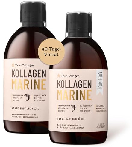 True Collagen Marine 11.000 mg Liquide, 2 x 500 ml, 40 jours | Collagène hydrolysé 11 000 mg avec acide hyaluronique, biotine et vitamine C pour cheveux, peau et ongles; 2 x 500 ml
