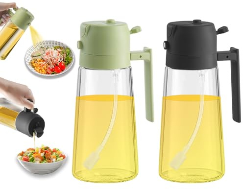 2 in 1 Oil Dispenser and Oil Sprayer Premium Olive Oil Dispenser Bottle with Non-Drip Spout Oil Mister Oil Spray Bottle for Cooking, Kitchen, Salad, Barbecue Black+Green 470ML/ 15.8fl.oz 2pcs
