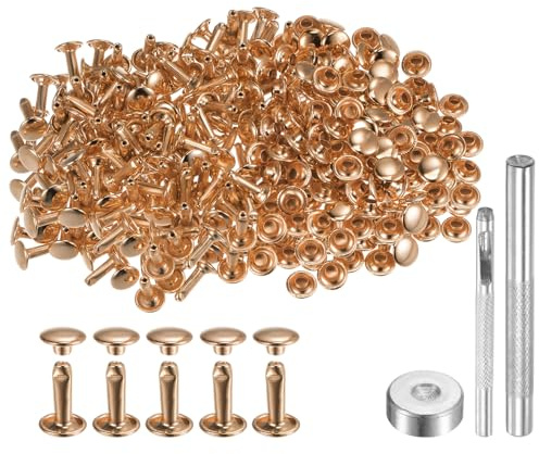 QUARKZMAN 200 Juegos Remaches de Cuero 8mm x 12mm Metal Doble Tapa Remaches Sujetadores de Broche Con 3 Herramientas de Ajuste para Cuero Manualidades Diy Tono Dorado Claro.