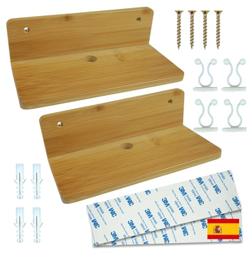 Agalet®️ 2 Baldas de Pared Sin Agujeros de Madera Bambu Pequeñas + 2 Adhesivos + 4 Tornillos con Tacos + 4 Clips Recoge Cables | Repisas de Pared sin Taladro | Estanteria Sin Agujeros (22 x 9,5 cm)