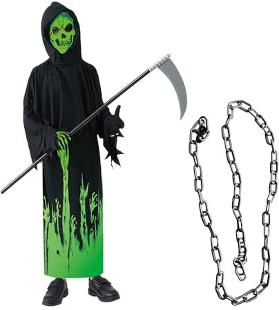 KBIBCK Deguisement Faucheuse Enfant, Costume Faucheur Enfant avec Masque de Crâne, Faucille, noire à capuche, Halloween Faucheuse Capuche Cape, pour Halloween Carnaval Pour Fille Garcon 8-10 ans