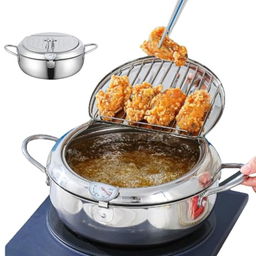 Stainless Steel Deep Fryer Pot, Japanese Deep Fryer Pot with Lid, Temperature Control & Oil Drip Drainer Filter Rack for French Fries Chicken Wings and Shrimp Tempura (24cm/9.4in)