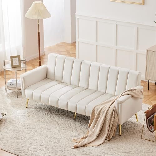 Gegtuon Couch Sofa 2 Sitzer Klappbares Schlafsofa mit Schlaffunktion und Rückenlehne, Schlafcouch Bettsofa Gästebett Loungesofa mit Armlehnen für Wohnzimmer Schlafzimmer Gästezimmer, Samt (Beige)