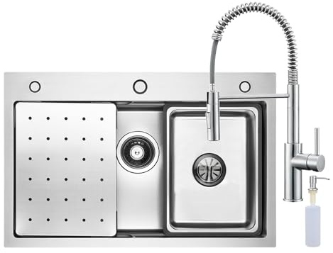 CECIPA Évier Cuisine Multifonction 70x45 CM, Pour plan de travail 80cm+ | Polyvalent pour Évier avec Robinet rétractable/Égouttoir/planche découper/Distributeur Savon, Facile nettoyage, Inox