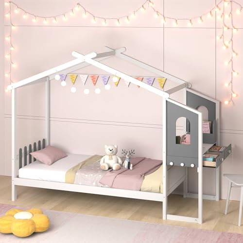 GOPLUS Hausbett, Kinderbett mit Schreibtisch, Schubladen & Haken, Jugendbett aus Massivholz mit Lattenrost, Kleinkinderbett Holzbett für Mädchen & Jungen, Ohne Matratze (90 x 200 cm)