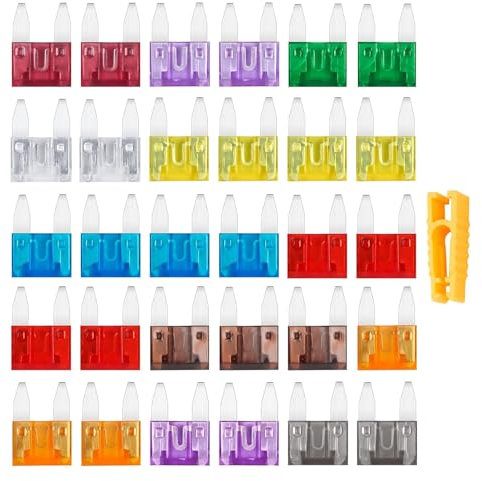 Lot de 30 fusibles pour voiture - Mini fusibles plats standard - Pour voiture - Assortiment de 2 A, 3 A, 5 A, 7,5 A, 10 A, 15 A, 20 A, 25 A, 30 A, 35 A, 40 A - Avec 1 extracteur de fusible