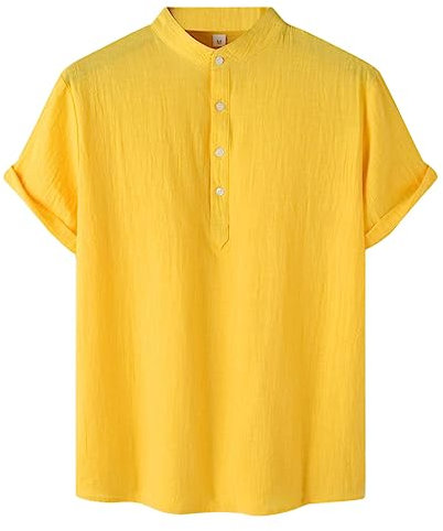 Leinenhemd Hemden Kurzarm Henley Hemd Herren Kurzarm Gelb Sommer Casual Weiche Atmungsaktive Tops mit Knöpfen Leinen Oberteile Henley Freizeithemd Casual Leicht Shirts