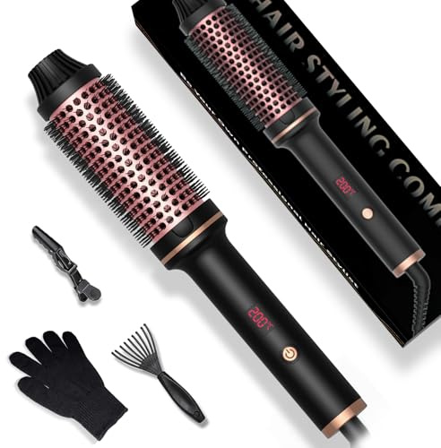 Pro Thermal Brush 38mm, Lockenbürste 3 in 1 Thermobürste, LCD Anzeige 120-200℃ Dual PTC, Erhöhen Sie das Haarvolumen, Lose Locken, Glattes Haar, Leichte Kompakte Größe, Dual Spannung Passend für Reise