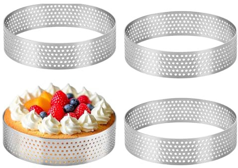 IKOPFLN 4 Pièces 8 cm Cercle à Pâtisserie, Cercle à Tarte Perforé en Acier Inoxydable, Moule Tartelette, Moule à Tartes Pâtisseries Mini Gâteaux Mini Pizzas Muffins, pour Mousse Dessert Pâtisseri