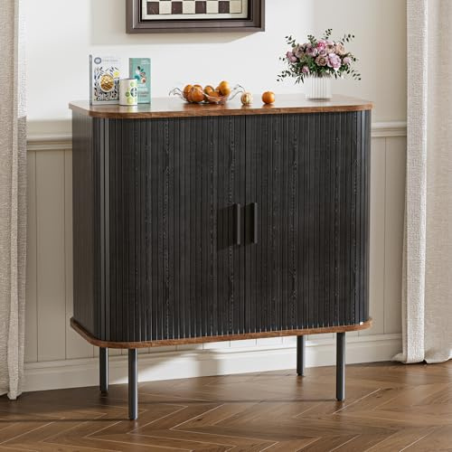 BonVache Sideboard, Buffet Storage Cabinet for Living Room, Kitchen Cupboard with Tambour Sliding Door, Storage Unit for Modern Home Dinning Room,Black