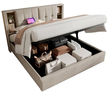 Upholstered Bed Frame with Wireless Charging Pad, Hydraulic Lift Storage Platform, USB & Type-C Charging Ports on Headboard, Built-in Shelving, Linen Fabric, Metal Frame Support (Beige,King)