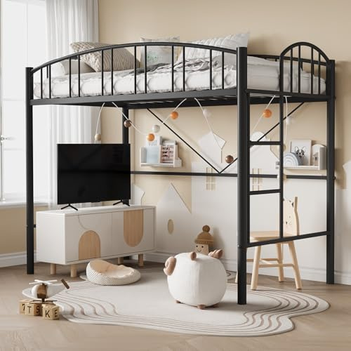 GarveeHome Loft Bed Twin Size with Arched Guardrail and Safety Ladder | Heavy Duty Metal Loft Bed Frame, Space-Saving, No Box Spring Needed, Black