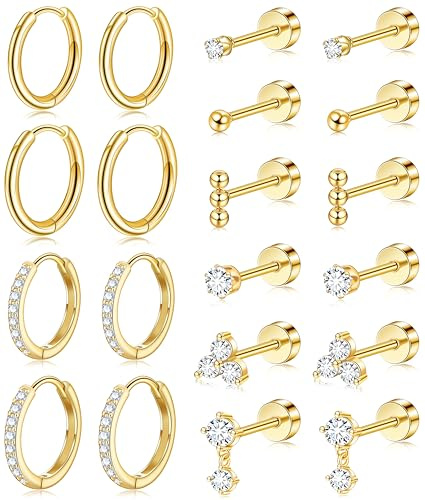 VELORICHE Small Hypoallergenic Flat Back Stud Earrings for Women Men 14K Gold Plated Surgical Stainless Steel Earring Sets Tiny Screw Back Cartilage Earring